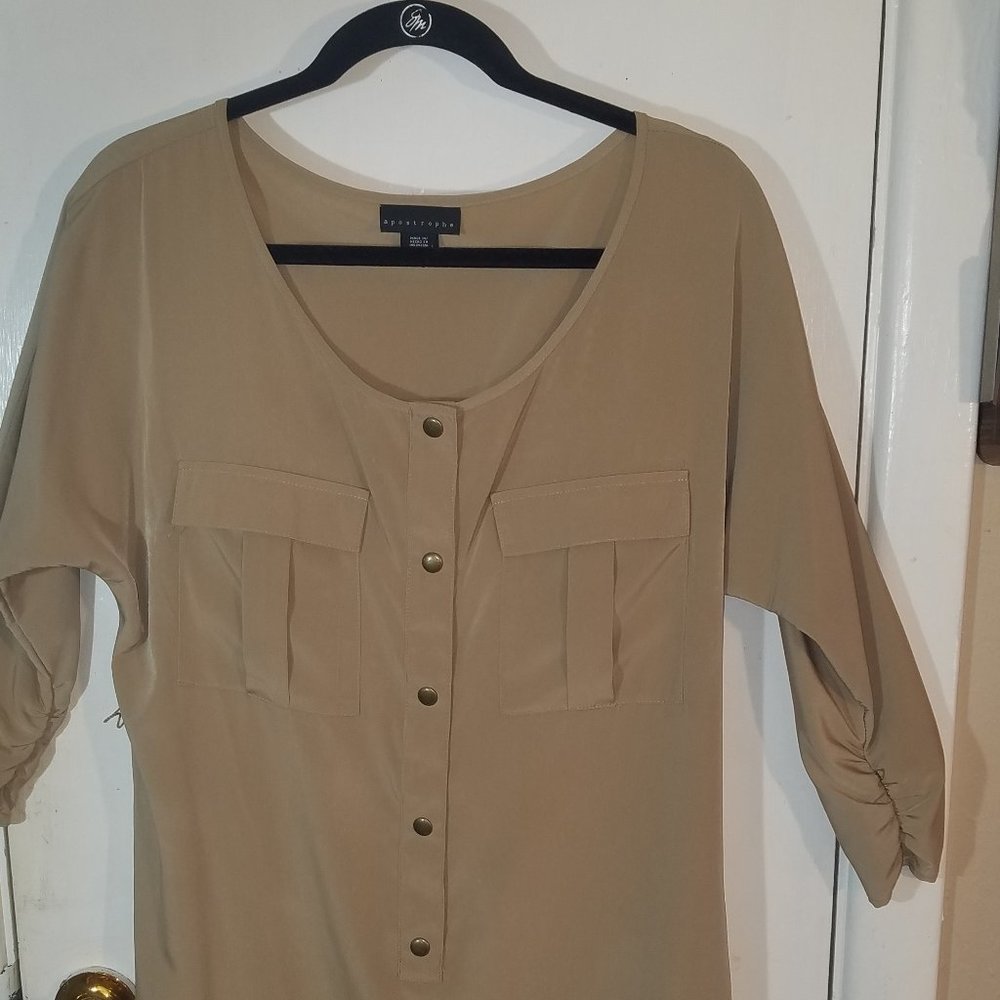 Apostrophe Tunic/Dress, Size Medium, Beige, Snap Closure, Belt, 2 Pockets #15099